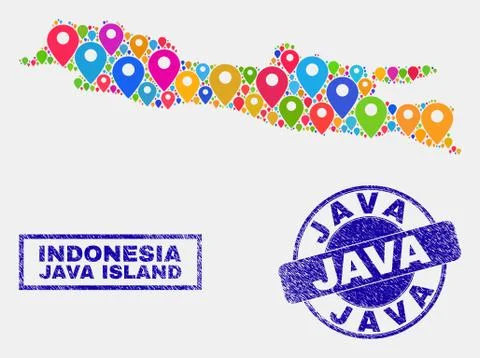 Map Pins Collage of Java Island Map and Distress Stamps Stock Illustration