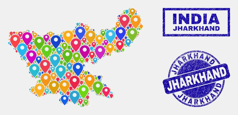 Map Pins Collage of Jharkhand State Map and Scratched Seals 스톡 일러스트