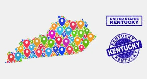 Map Pins Collage of Kentucky State Map and Scratched Stamp Seals 스톡 일러스트