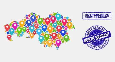 Map Pins Collage of North Brabant Province Map and Textured Stamps 스톡 일러스트