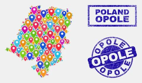 Map Pins Collage of Opole Voivodeship Map and Scratched Stamps 스톡 일러스트
