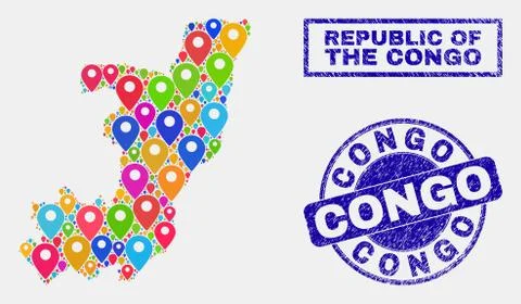 Map Pins Collage of Republic of the Congo Map and Textured Stamp Seals 스톡 일러스트