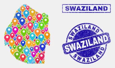 Map Pins Collage of Swaziland Map and Grunge Stamp Seals 스톡 일러스트
