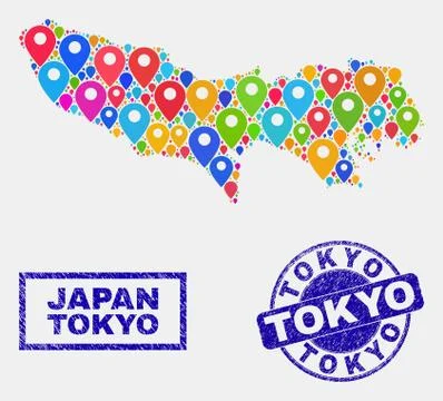 Map Pins Collage of Tokyo Prefecture Map and Grunge Seals 스톡 일러스트