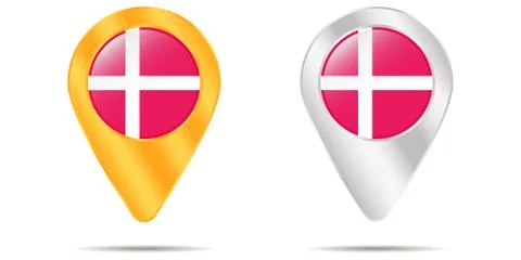 Map of pins with flag of Denmark. On a white background Stock Illustration