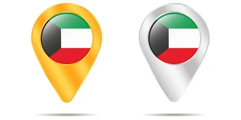 Map of pins with flag of Kuwait. On a white background Stock Illustration