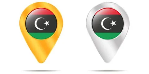 Map of pins with flag of Libya. On a white background Stock Illustration