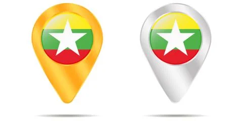 Map of pins with flag of Myanmar. On a white background. Vector Stock Illustration