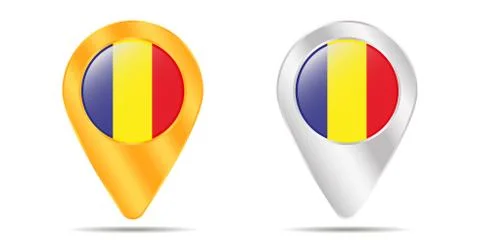 Map of pins with flag of Romania. On a white background Stock Illustration