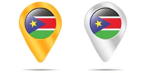 Map of pins with flag of South Sudan. On a white background Stock Illustration