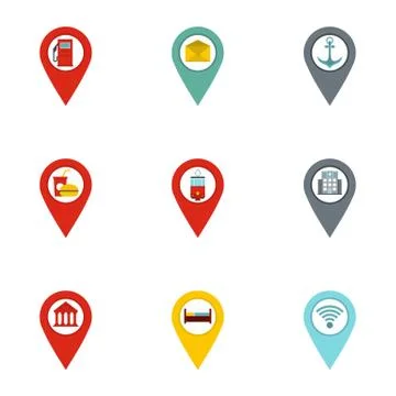 Map pins icon set, flat style Ilustración de archivo