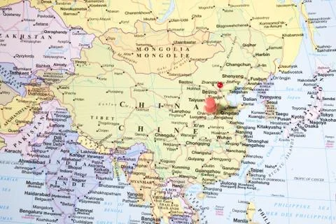 Map pins on map of asia Stock Photos