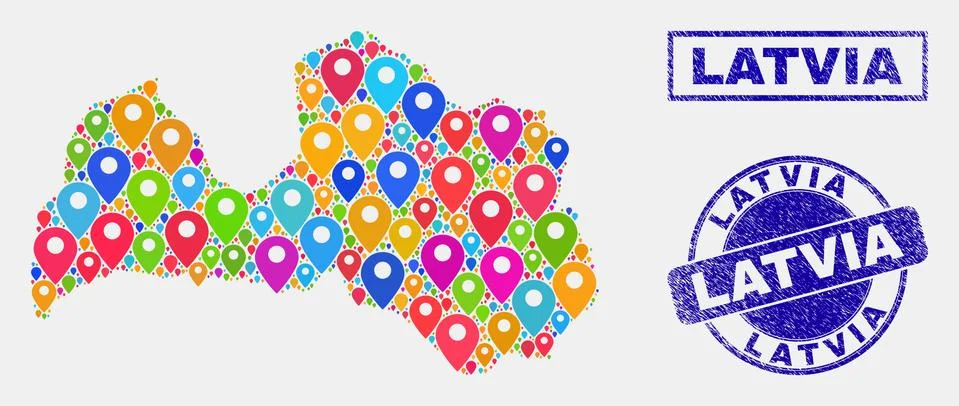 Map Pins Mosaic of Latvia Map and Grunge Stamps 스톡 일러스트