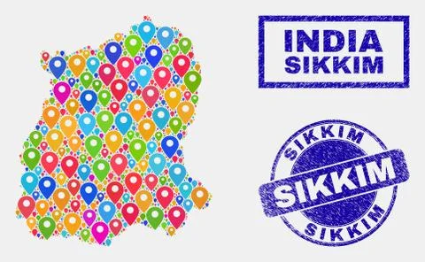 Map Pins Mosaic of Sikkim State Map and Distress Stamps イラスト素材