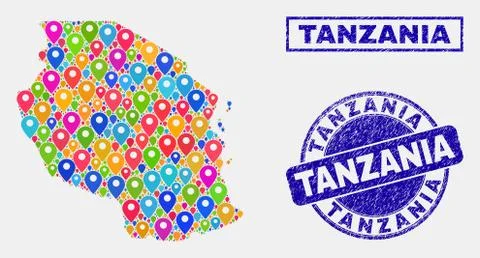 Map Pins Mosaic of Tanzania Map and Grunge Stamps 스톡 일러스트