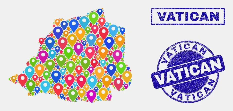 Map Pins Mosaic of Vatican Map and Grunge Stamp Seals 스톡 일러스트