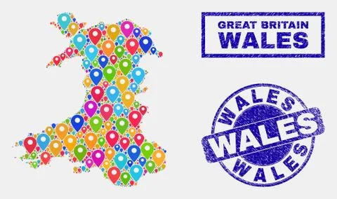 Map Pins Mosaic of Wales Map and Grunge Stamp Seals 스톡 일러스트