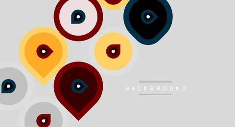 Map pins scattered across gray backdrop. Circles, teardrops, varied colors Stock Illustration