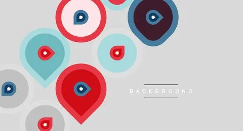 Map pins scattered across gray backdrop. Circles, teardrops, varied colors Stock Illustration