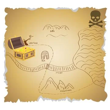 A map of pirate treasures with a treasure. An old pirate treasure map. Stock Illustration