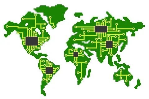 Map of the planet earth in the form of an electrical circuit with processors on Stock Illustration