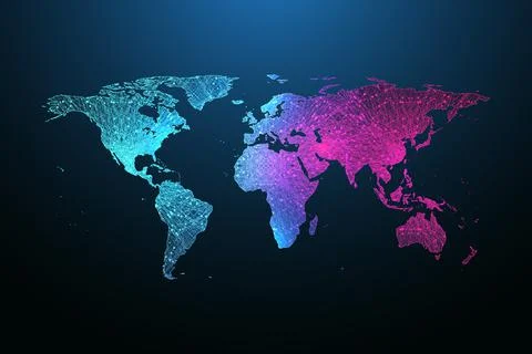Map of the planet. Global social network. Floating blue plexus geometric Stock Illustration