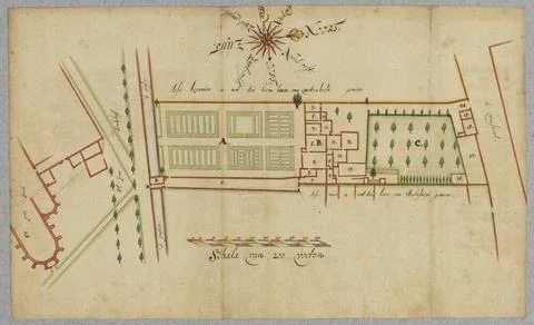 Map of the plot between the Janskerkhof (left) and the Voorstraat (right) ... Fotos de archivo