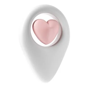 Map pointer 3d pin icon valentine. White geotag location point with pink heart Stock Illustration