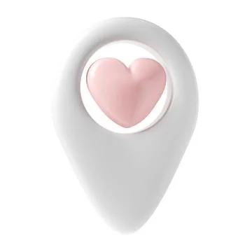 Map pointer 3d pin icon valentine. White geotag location point with pink heart Stock Illustration