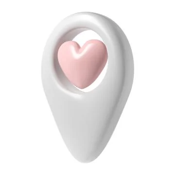 Map pointer 3d pin icon valentine. White geotag location point with pink heart Illustrazione stock