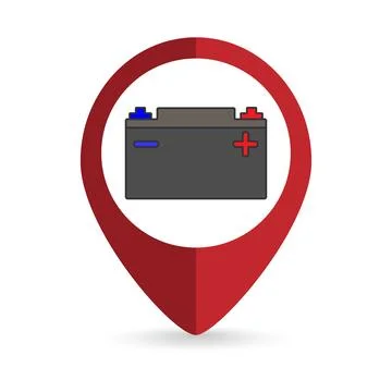 Map pointer with accumulator battery icon. Vector illustration. Ilustración de archivo
