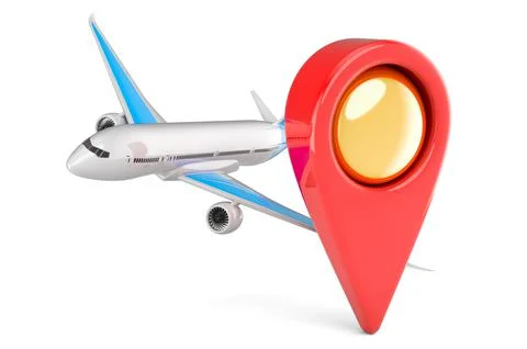 Map pointer with airplane. Airport location concept. 3D rendering 库存插图