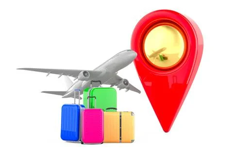 Map pointer with airplane and baggage. Fly Travel concept. 3D rendering Ma... Stock Photos