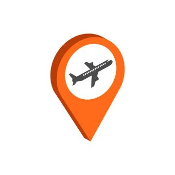 Map Pointer with Airplane symbol. Flat Isometric Icon or Logo. 3D Style Picto Stock Illustration