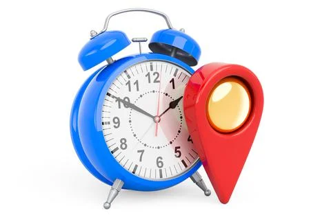 Map pointer with alarm clock, 3D rendering 库存插图