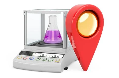 Map pointer with Analytical Balance, Digital Lab Scale. 3D rendering Illustrazione stock