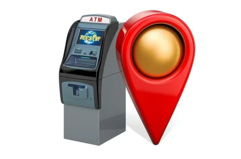 Map pointer with ATM machine. Cash machine location concept, 3D rendering Illustrazione stock