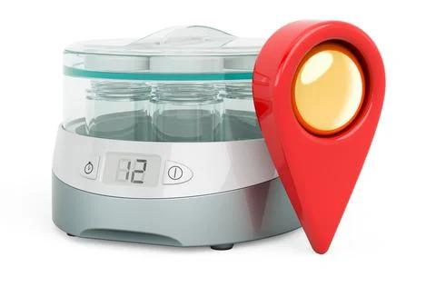 Map pointer with automatic yogurt maker, 3D rendering Illustrazione stock