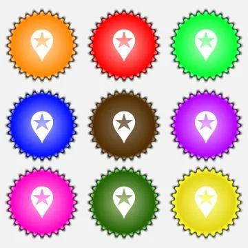 Map pointer award, GPS location icon sign. A set of nine different colored label Stock Illustration