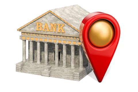 Map pointer with bank building. Bank location concept, 3D rendering Illustrazione stock