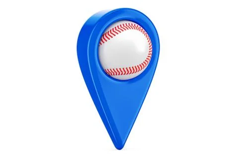 Map pointer with baseball ball, location concept. 3D rendering Stock Illustration