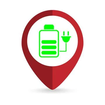 Map pointer with Battery charge indicator icon. Vector illustration. Ilustración de archivo
