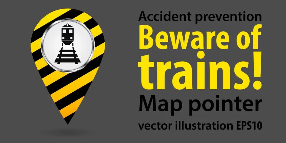 Map pointer. Beware of the train. Safety information. Industrial Design. Vector Stock Illustration