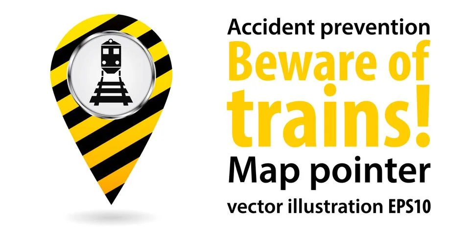Map pointer. Beware of the train. Safety information. Industrial Design. Vector Stock Illustration