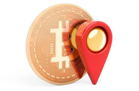 Map pointer with bitcoin, 3D rendering Stock Illustration