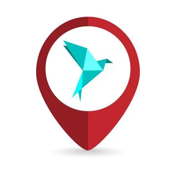 Map pointer with Blue Origami bird. Vector illustration. Illustrazione stock