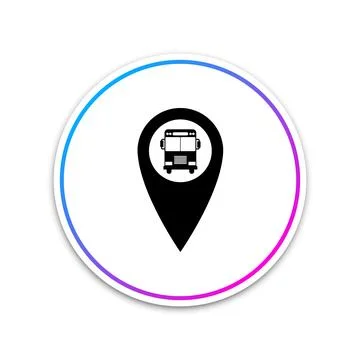 Map pointer with bus icon isolated on white background. Circle white button 스톡 일러스트