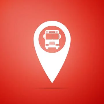 Map pointer with bus icon isolated on red background. Flat design. Vector I.. Stock Illustration