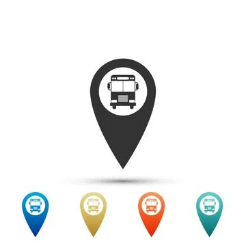 Map pointer with bus icon isolated on white background. Set elements in col.. Stock Illustration