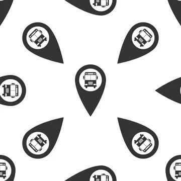 Map pointer with bus icon seamless pattern on white background. Flat design.. Stock Illustration